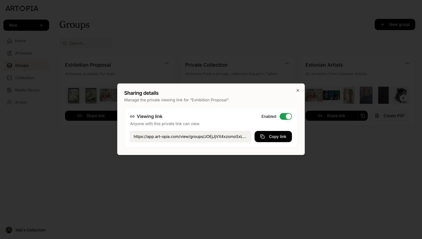 Sharing settings for a private artwork viewing room in Artopia.
